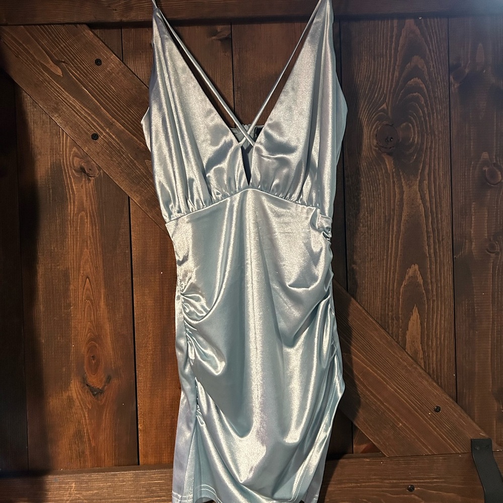 Shimmering Light Blue V-Neck Mini Dress